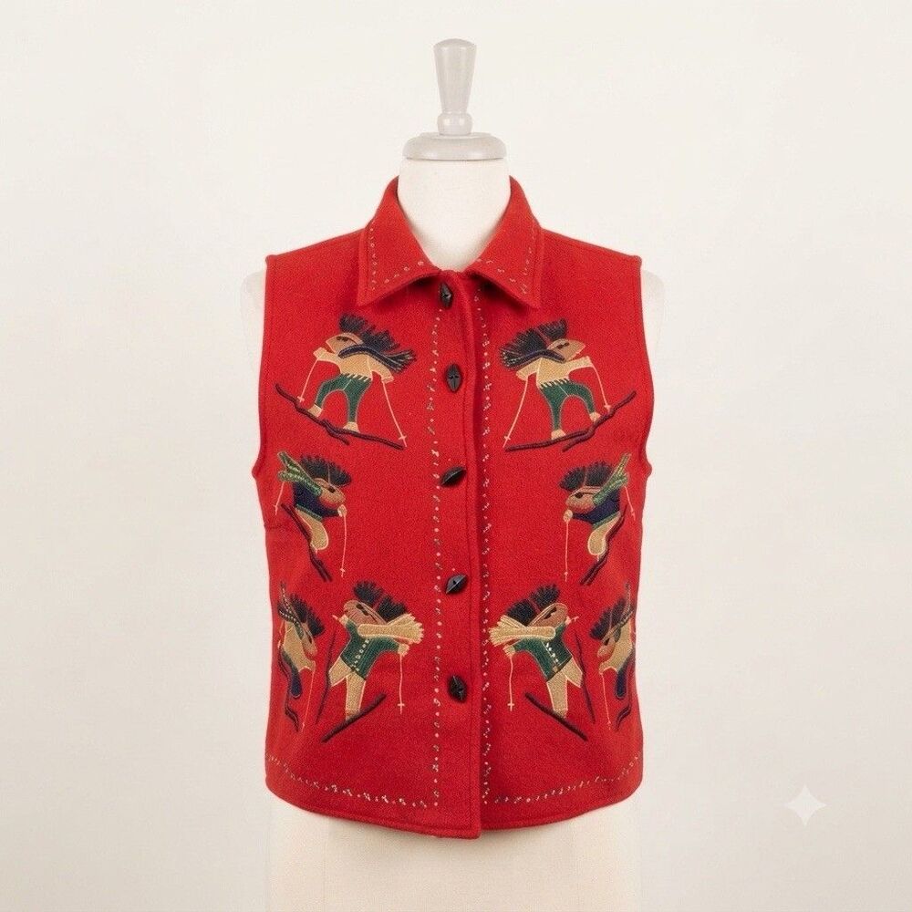 Vintage Dress Barn Christmas Skiing Moose Vest Red Wool Large